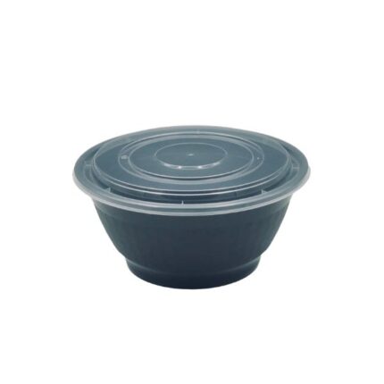 32oz Round Noodle Bowl – Black Microwavable container with clear lid – 150pcs Box (1)