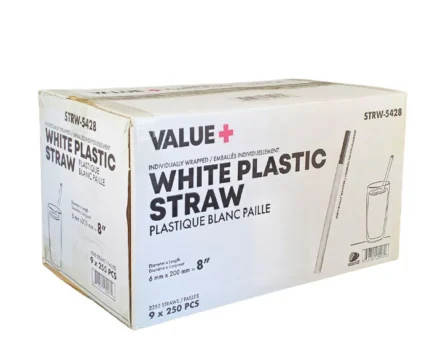 Value+ - 8" White Plastic Straw - Milkshake - Wrapped - 6 mm